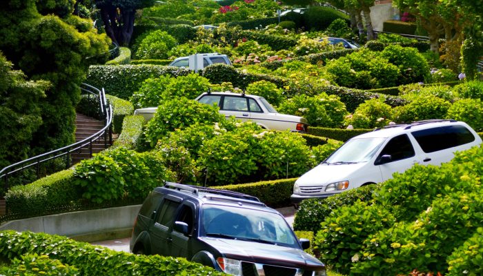 Cars,Drive,Down,Lombard,Street,Switchback.lombard,Street,Is,Known,For